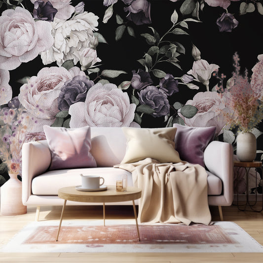 Rose Wallpaper In Living Room With Beige Sofa With Red And Golden Cushions And Pink Plants