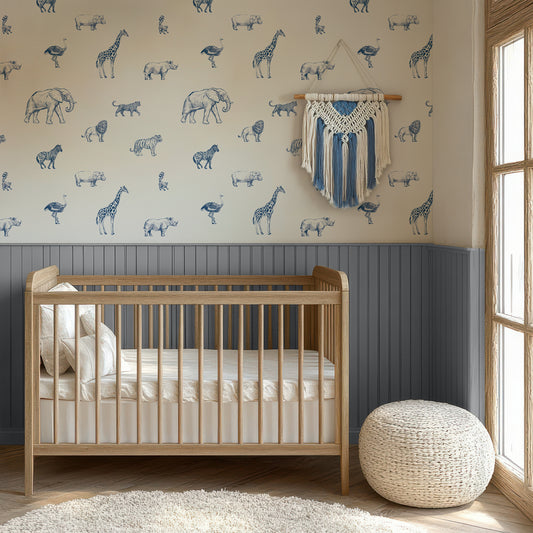 Safari Sketchbook Bluu in nursery with blue wainscoting and wall hanging