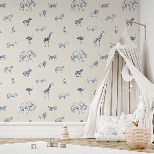 Safari Sketchbook Wallpaper In Baby's Room With White Themed Room