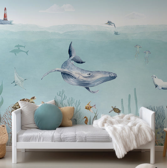 Secret Sealife Wallpaper In Child's Bedroom With White Bedroom And Circular Cushions