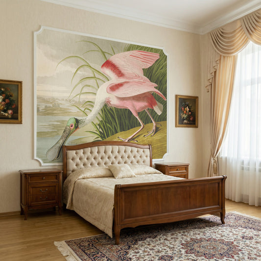 Spoonbill in classic style bedroom with large panel behind bed