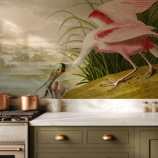 Spoonbill in green kitchen with white countertop and bronze pots