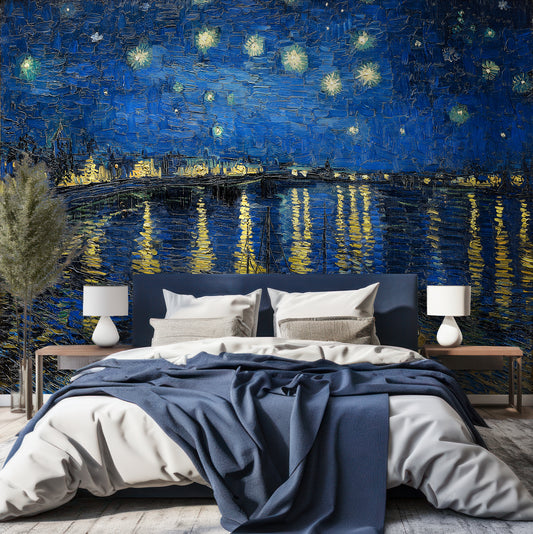 Stary Night Over The Rhone Wallpaper By Van Gogh In Bedroom With Navy Blue Bed And Large Green Plant