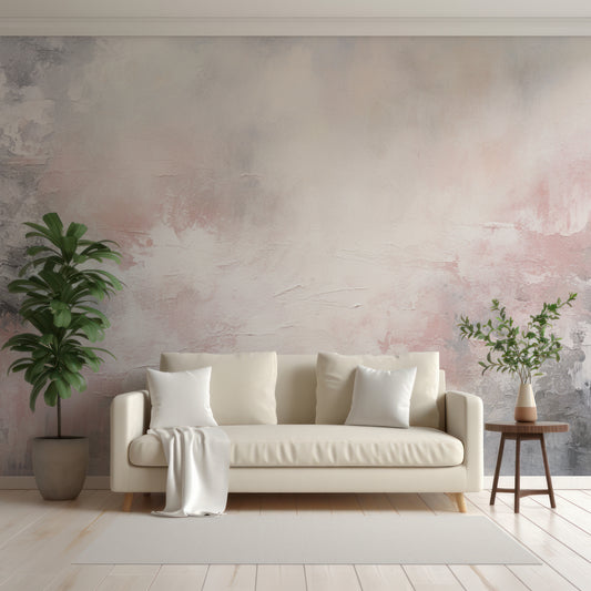 Stone Wall Serenity Wallpaper In Living Room With White Sofa, Cushions And Blankets With Green Tall Plants Either Side Of The Sofa