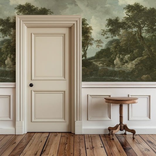 Sylvia Wallpaper in a Room interior with a door and wall mural of a landscape.