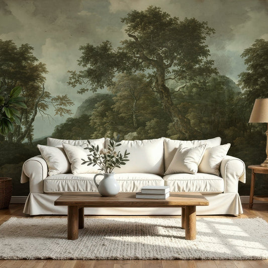 Sylvia Wallpaper in a Living room with a white sofa, wooden coffee table, and decorative elements against a forest mural.