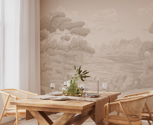 Dining room with wooden table and chairs against a wall with nature-themed wallpaper