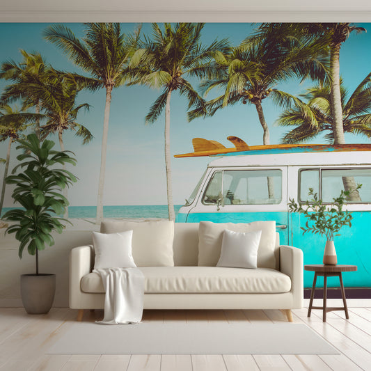 Trelha Wallpaper In Living Room With White Sofa, Cushions And Blankets With Green Tall Plants Either Side Of The Sofa