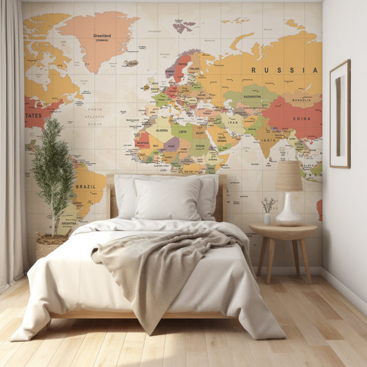 Tribution Wallpaper In Bedroom With Small Single Bed With Wooden Frame And Beige Bedding