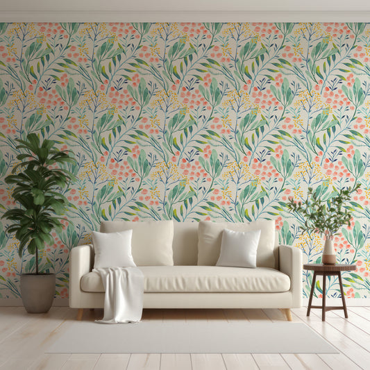 Tua Wallpaper In Living Room With White Sofa, Cushions And Blankets With Green Tall Plants Either Side Of The Sofa