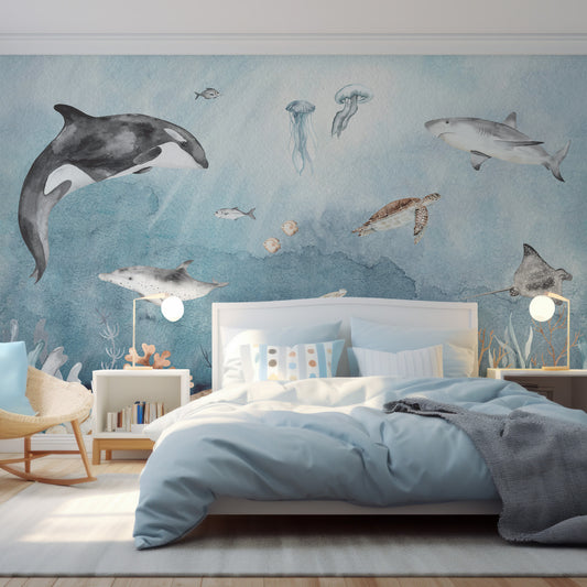 Underwater Fun Wallpaper In Boy's Bedroom With Light Blue Bed And Two Lamps Either Side