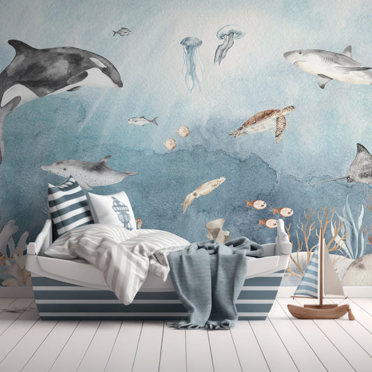 Underwater Fun Wallpaper In Children's Room With Pirate Themed Stripy Blue And White Bed With Wooden Toy Pirateship