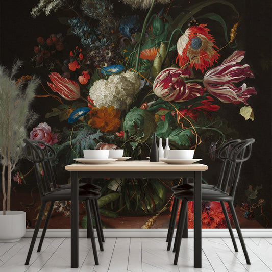 Vase Of Flowers Wallpaper In Dining Room With Black Tables And Chairs With Wooden Table Top