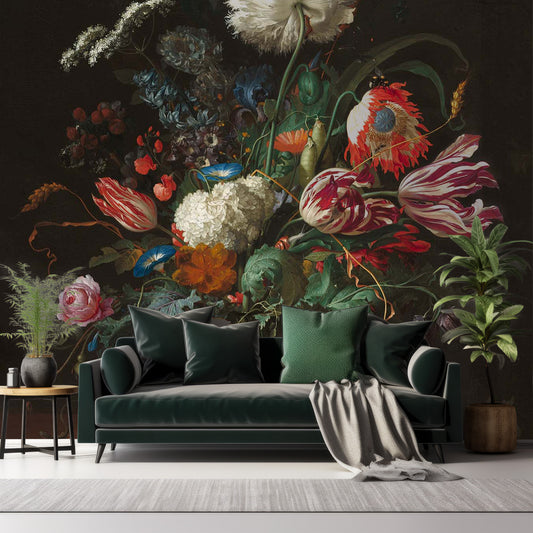 Vase Of Flowers Wallpaper In Living Room With Dark Black Green Sofa And Plants