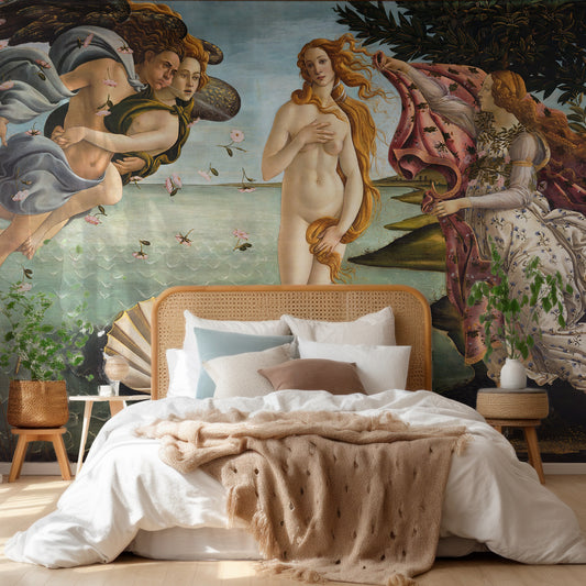 Venus Wallpaper With Wooden Bed With White Bedding With Beige Blankets And Green Plants Either Side