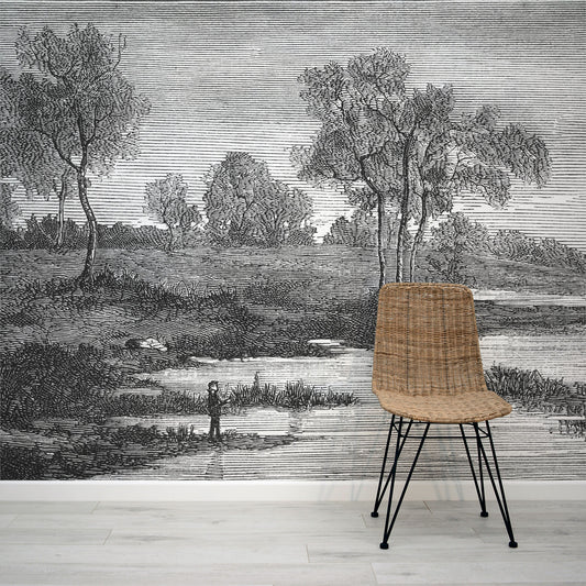 Angus - Vintage tekening etsen rivierscène behang muurschildering