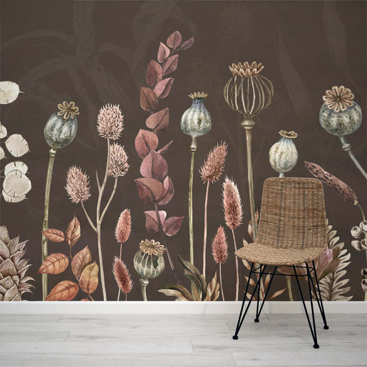 Autumn Flowers Brown watercolour botanical wall mural wallpaper by WallpaperMural.com