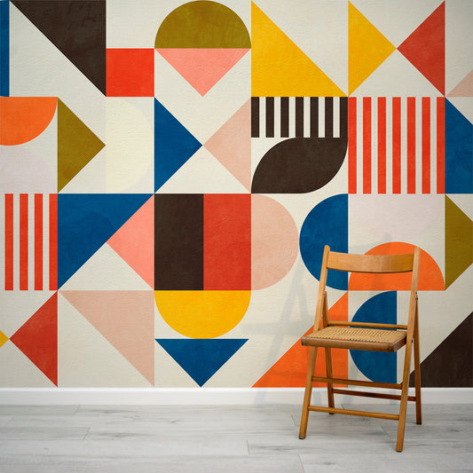 Berta bright and colourful geometric wallpaper mural with a detailed watercolour texture. Working well in bedrooms, bathroom and many other interior spaces, this wallpaper makes the perfect accent wallpaper.