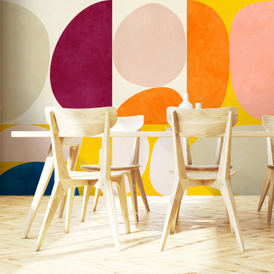 Featuring a our Charlotte wallpaper mural in a modern living room scene surrounded by pine furniture. This wallpaper is bright and fun.