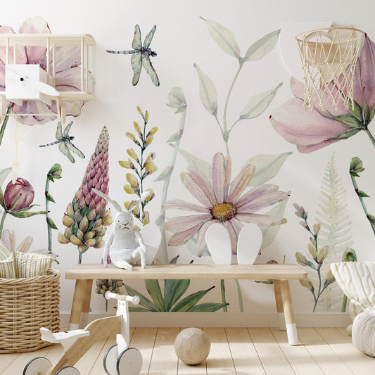 Daisy - Pink Watercolour Flowers Wallpaper Mural
