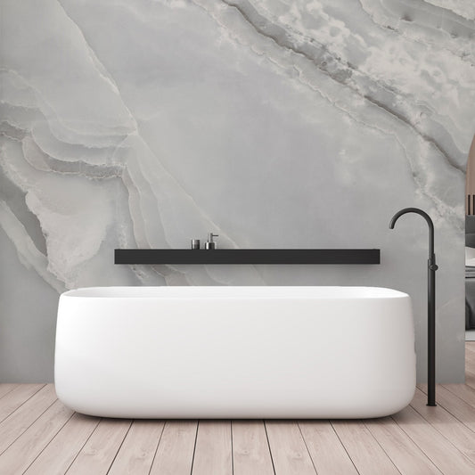 Deric Bathroom with Bathtub and Black Tap and Shelf