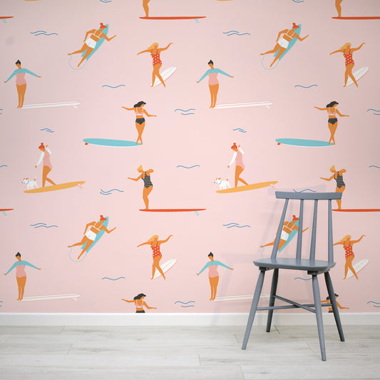 Germane Girls Pastel Pink Surfing Wallpaper Mural