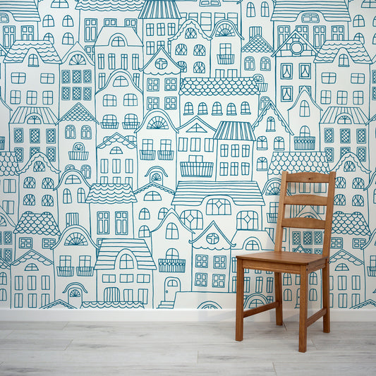 Blue White House Illustration Wallpaper Mural