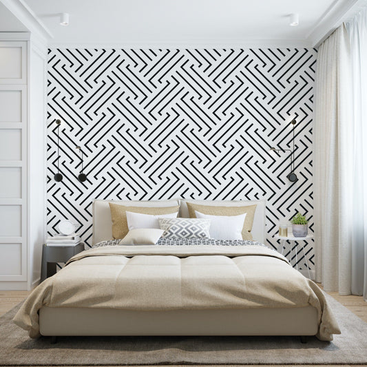 Jigu Black and White Geometric Pattern Wallpaper Mural in Modern Bedroom