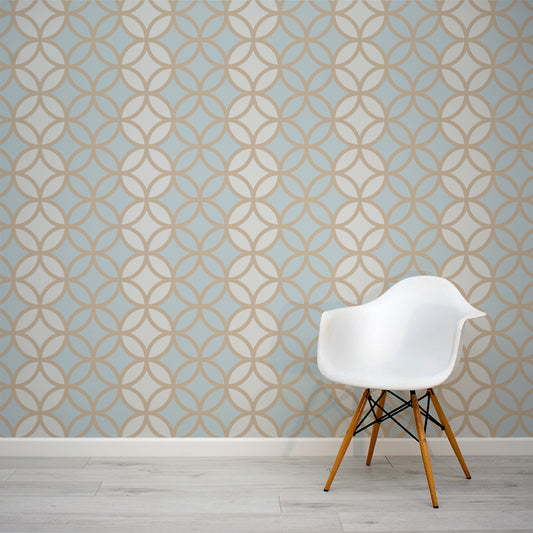 Shippo Light Cream and Blue Interlocking Circles Wallpaper Mural with White Chair