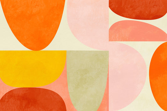 Vera is a bauhaus inspired abtract wallpaper in orange, red, pink. It is available from WallpaperMural.com