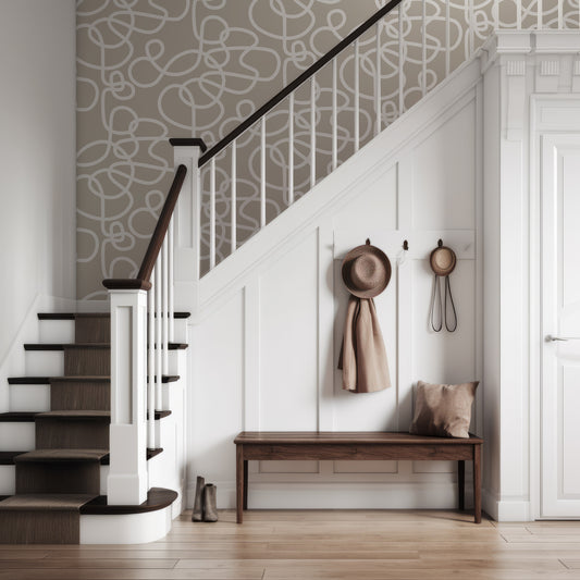 Abstract Curls Neutral in Hallway With Dark Wooden And White Stairway