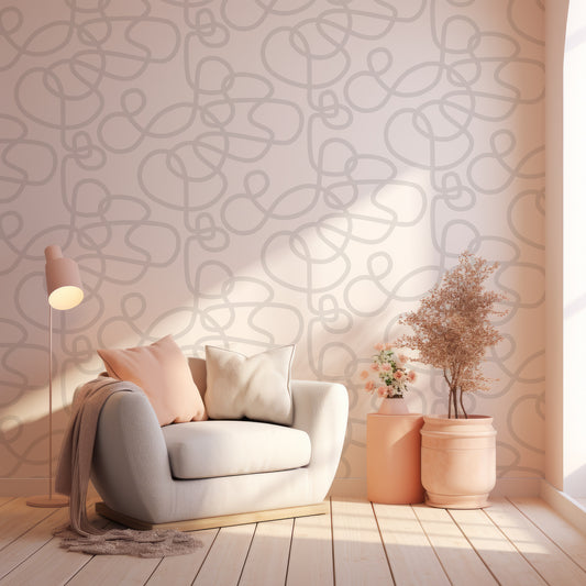 Abstract Curls Grey In Room With Grey Chair With Pastel Cushion