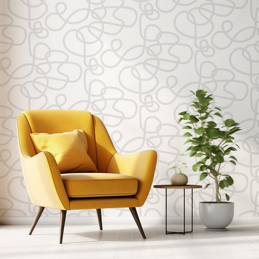 Abstract Curls Grey In Room With Yellow Chair With Green Plant And Coffee Table