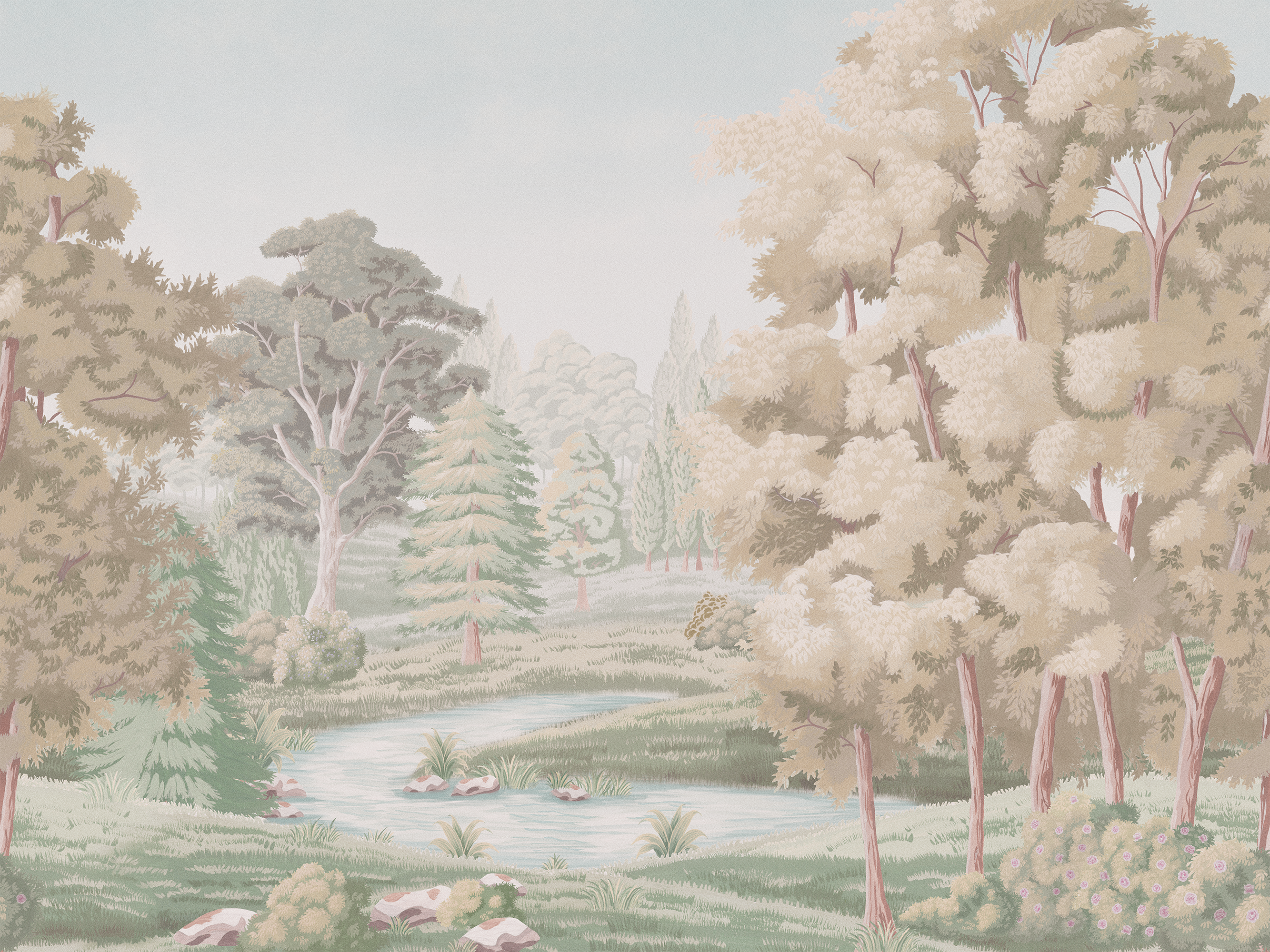 Landscape with trees and a pond in a light pastel color palette