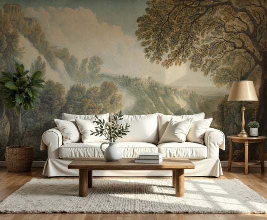 Amalia Wallpaper in a Living room with a scenic wall mural, white sofa, wooden coffee table, and decorative items.