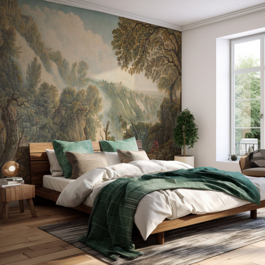 Amalia Wallpaper in a Bedroom with a large wall mural of a landscape, wooden bed, and green bedding.
