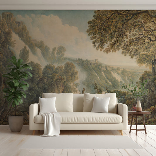 Amalia Wallpaper in a Living room with a large wall mural of a landscape and a beige sofa.