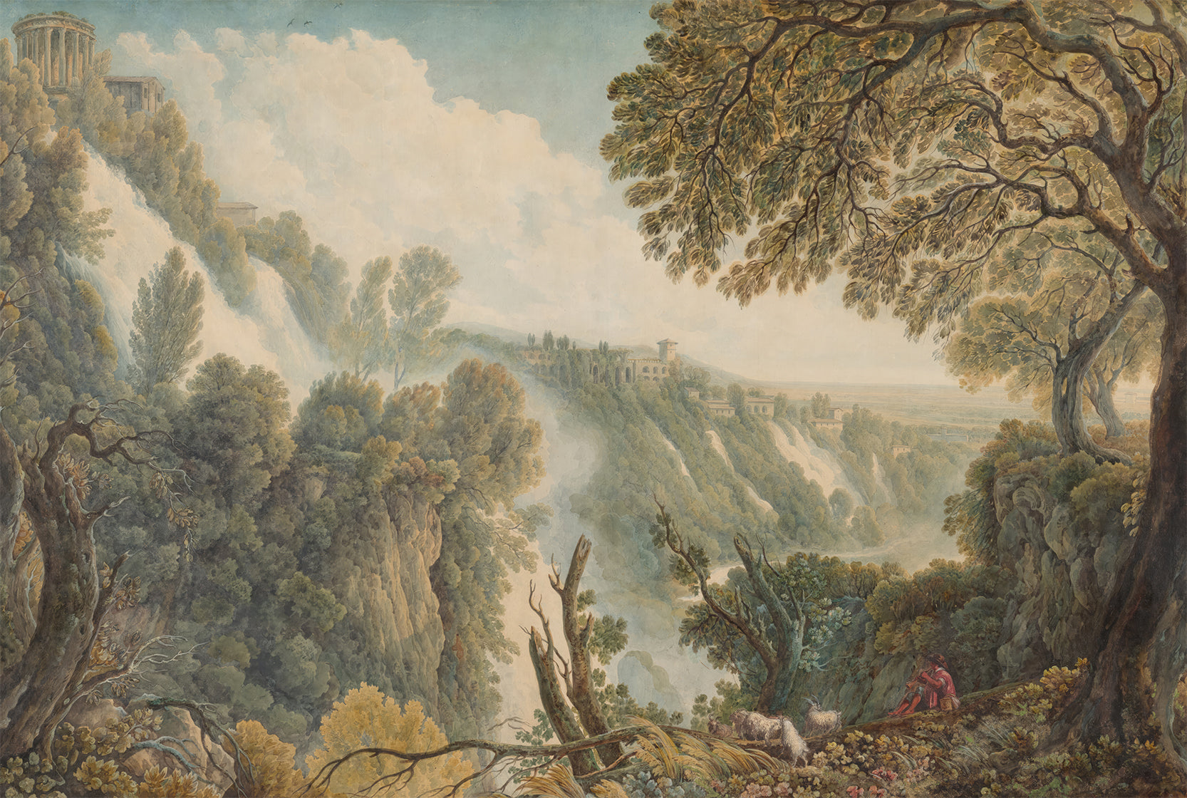 Amalia Wallpaper Landscape painting with trees, rocks, and a distant view of a city.