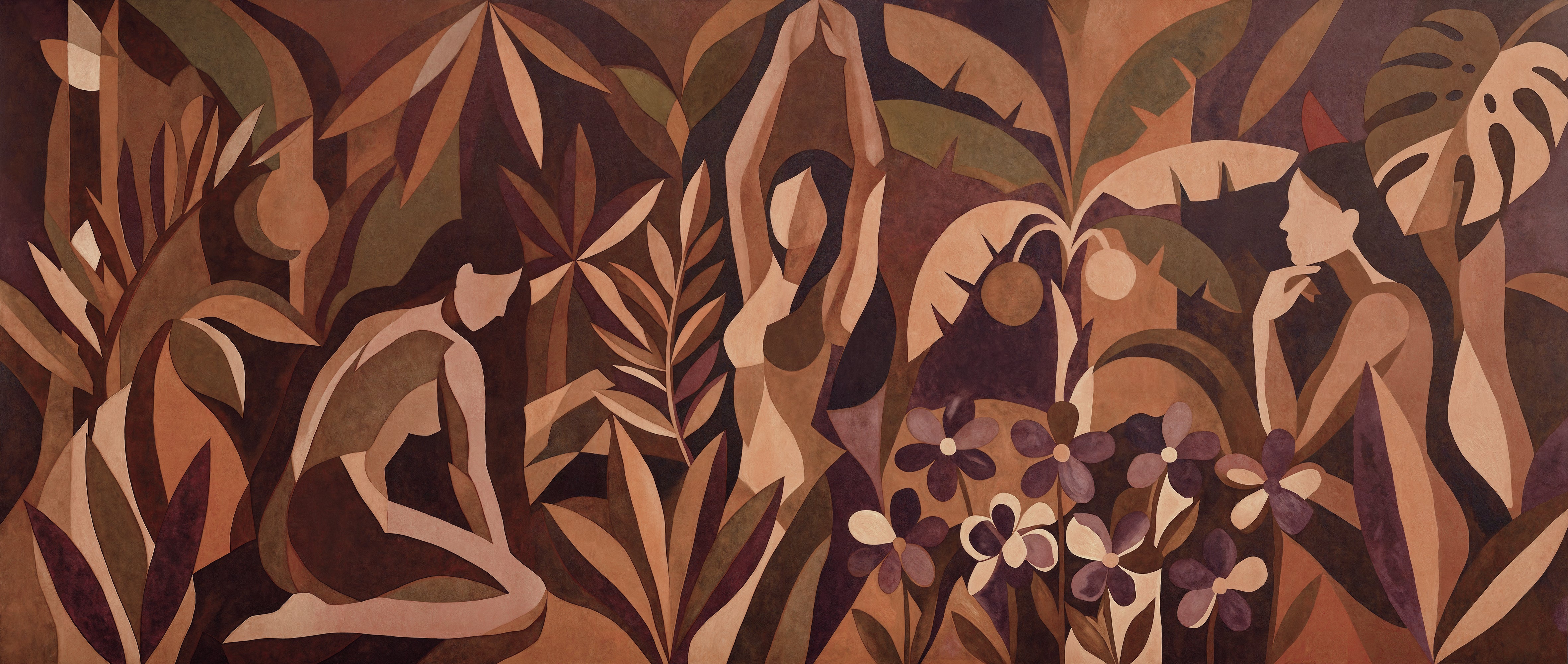 Artistic depiction of figures and foliage in a stylized manner