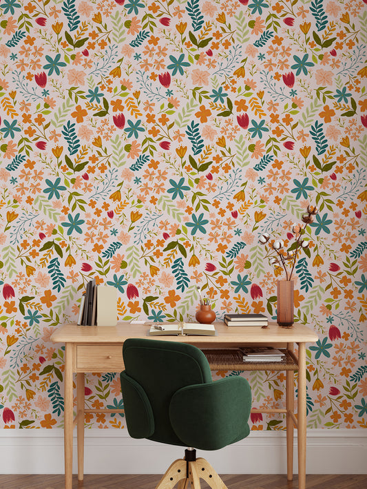 Anthea Light Pink Wallpaper With a Wooden Desk and Green Office Chair 