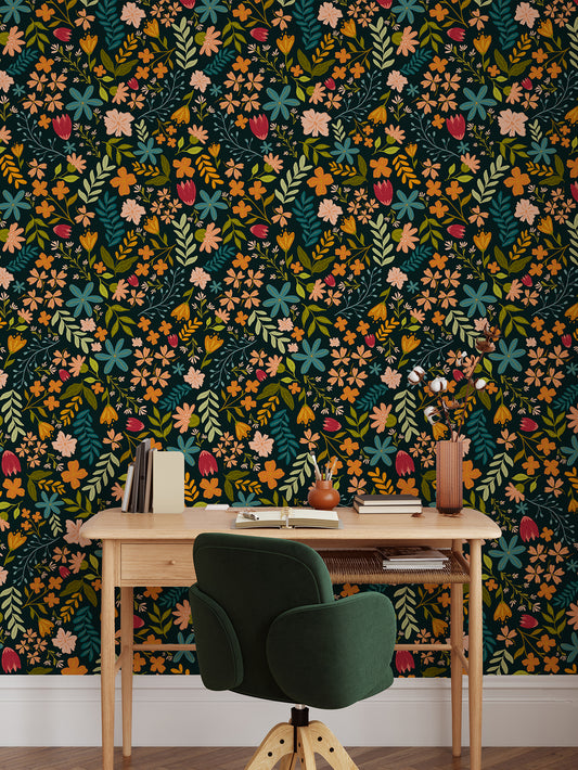 Anthea Navy Wallpaper With a Wooden Desk and Green Office Chair 