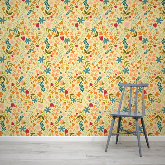 Anthea Wallpaper with a Grey Wooden Chair