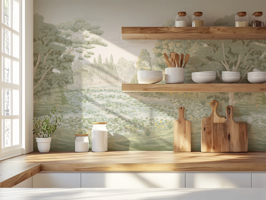 Kitchen interior with wooden shelves, bowls, and cutting boards against a scenic wall mural.