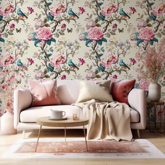 Avianesque Wallpaper In Living Room With Beige Sofa With Red And Golden Cushions And Pink Plants