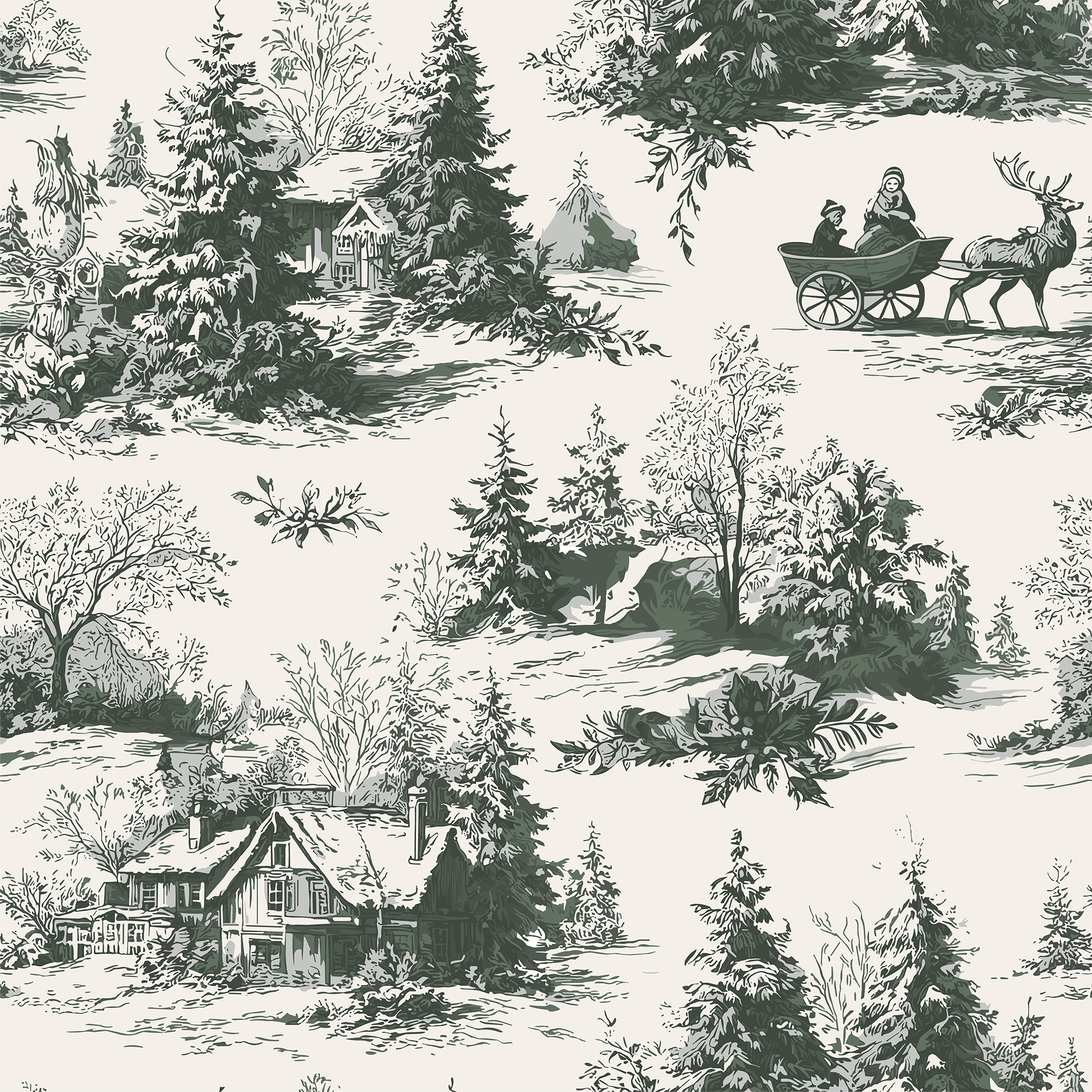 Dark green pattern of a winter landscape with houses, trees, and people in a sleigh.