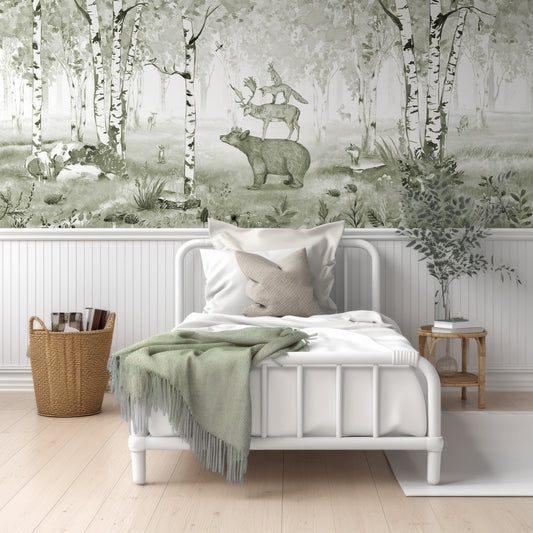 Bear King Wallpaper In Room With White Wood Panelling And Small Single Bed With Blue Cushions