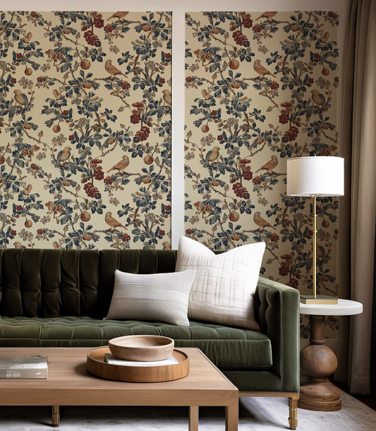 Living room with green sofa, wooden coffee table, and floral wallpaper.