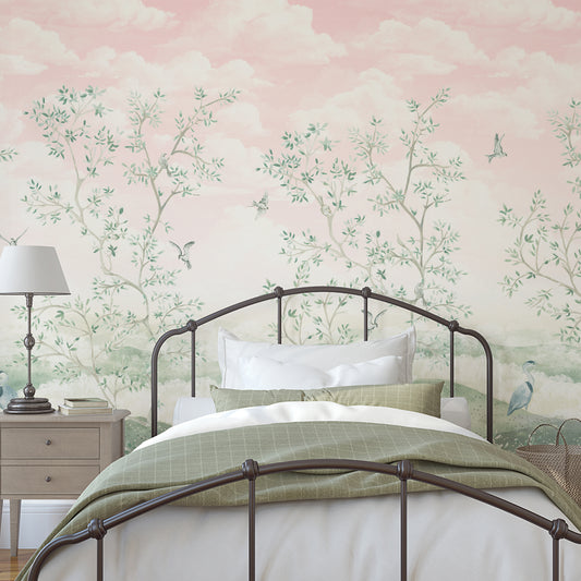 Bedroom with floral wallpaper, bed, and nightstand.
