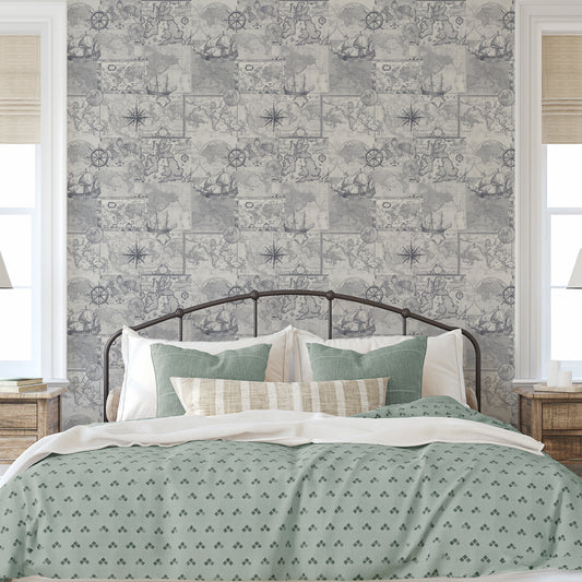 Bedroom with a decorative wall pattern and green bedding