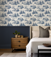 Toile wallpaper in a navy blue bedroom